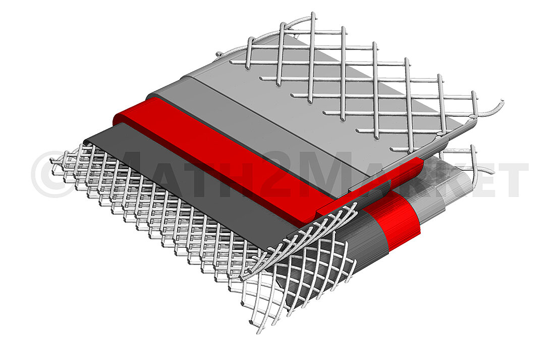 3D model of a filter pleat split into the different layers